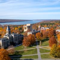 Aerial view of the Arts Quad in the fall