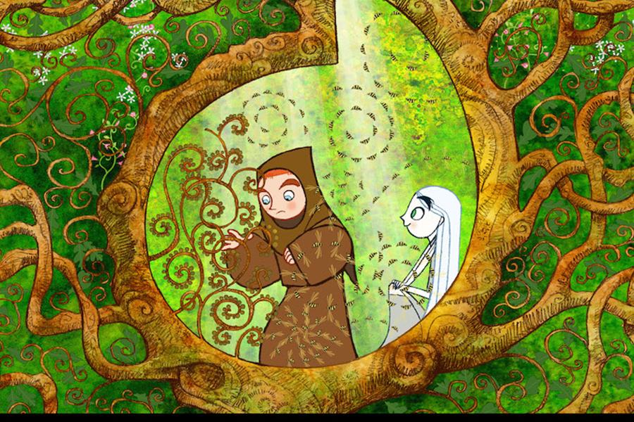 Cartoon image of a monk and a strange, white-haired child framed in a green and brown tree root system