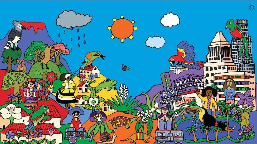 Colorful painting of cartoonish hills, animals, buildings and people